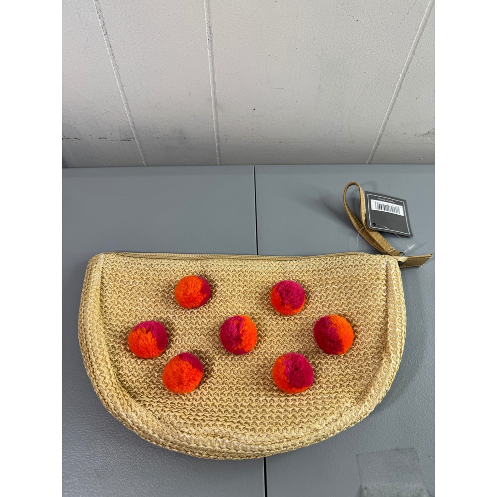 Ulta Beauty Wristlet Clutch Women OS‎ Tan New Straw Pom-Pom Half-Moon Bag 4448